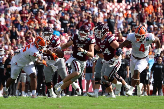 Mississippi State Bulldogs quarterback Will Rogers (2) runs with the ball against the Illinois Fighting Illini in the third quarter during the 2023 ReliaQuest Bowl at Raymond James Stadium.