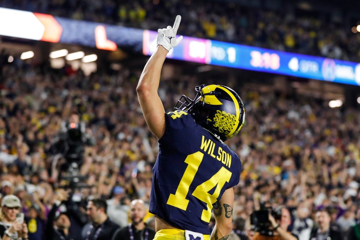 Michigan Wolverins WR Roman Wilson (14) points to the sky after scoring a touchdown.