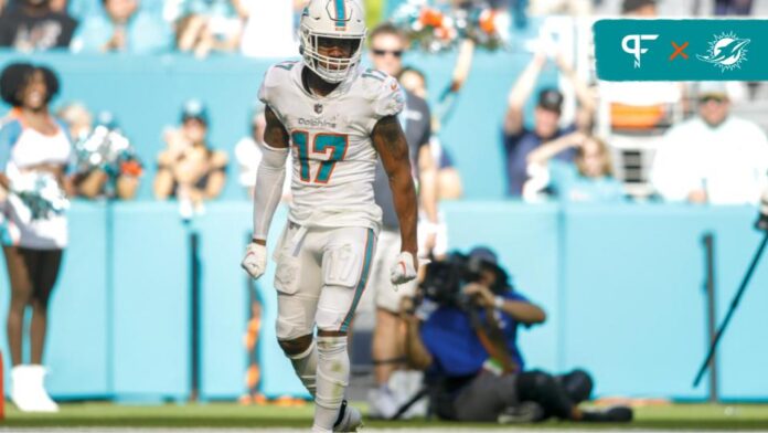 Miami Dolphins WR Jaylen Waddle (17) reacts after a catch against the Houston Texans.