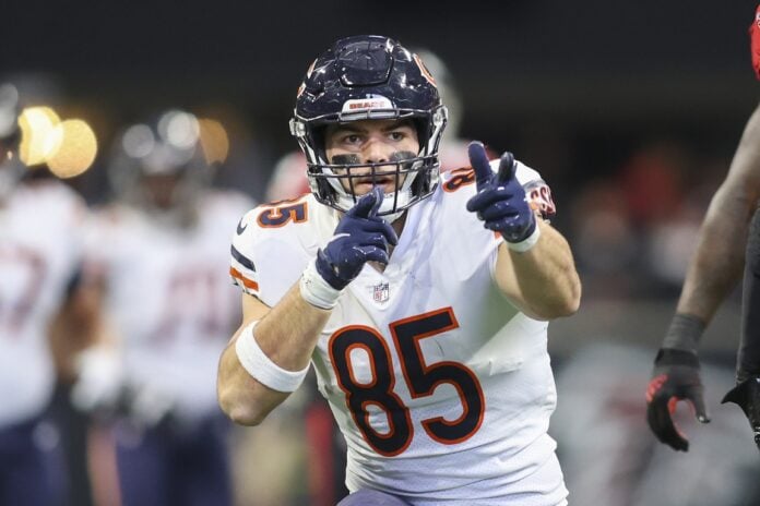 Chicago Bears tight end Cole Kmet looks on before a NFL game