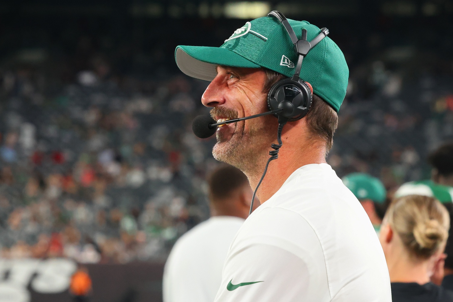 New York Jets quarterback Aaron Rodgers (8) calls out a play to his  teammates during the first half of an NFL preseason football game against  the New York Giants, Saturday, Aug. 26