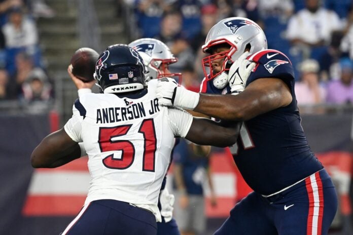 Houston Texans DE Will Anderson Jr. (51) rushes the passer against the New England Patriots.