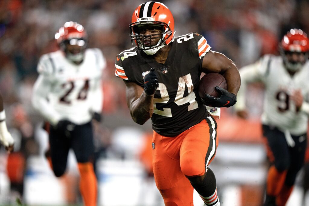 AFC running back Nick Chubb of the Cleveland Browns competes in