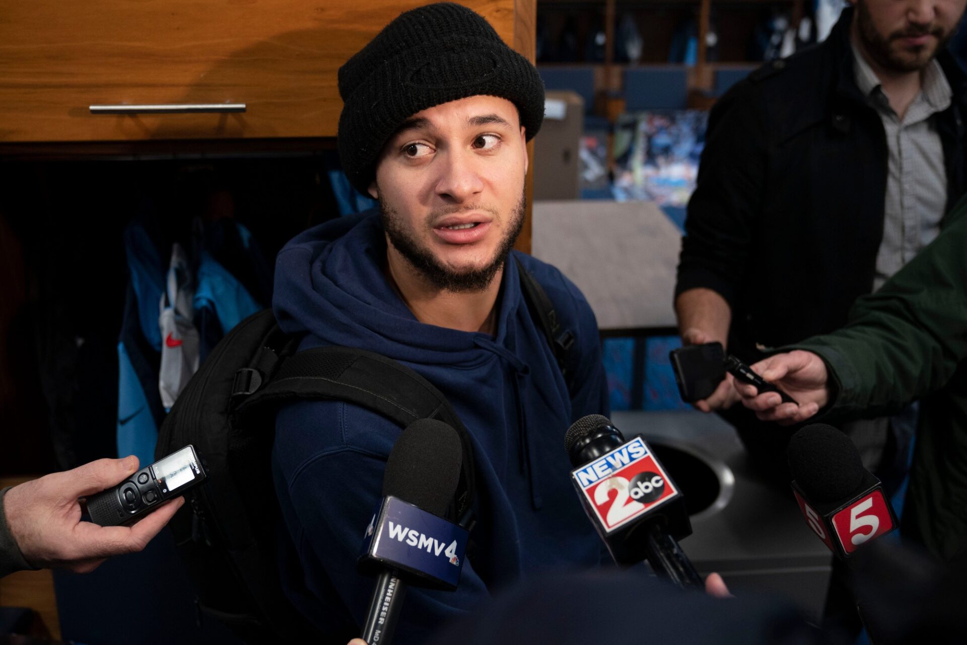 Tennessee Titans cornerback Caleb Farley responds to questions from the media.