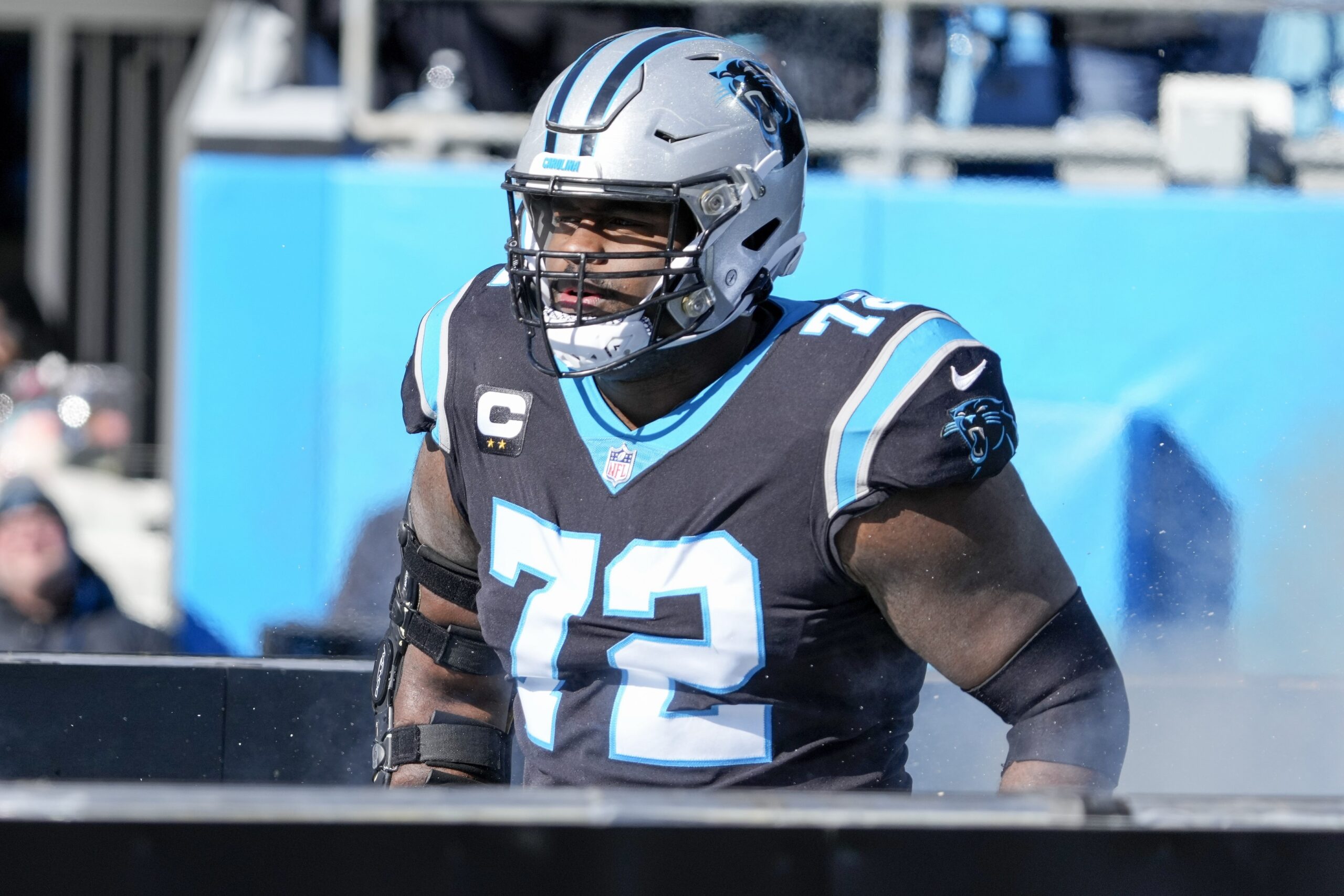Taylor Moton (72) takes the field during the first quarter against the Detroit Lions at Bank of America Stadium. 