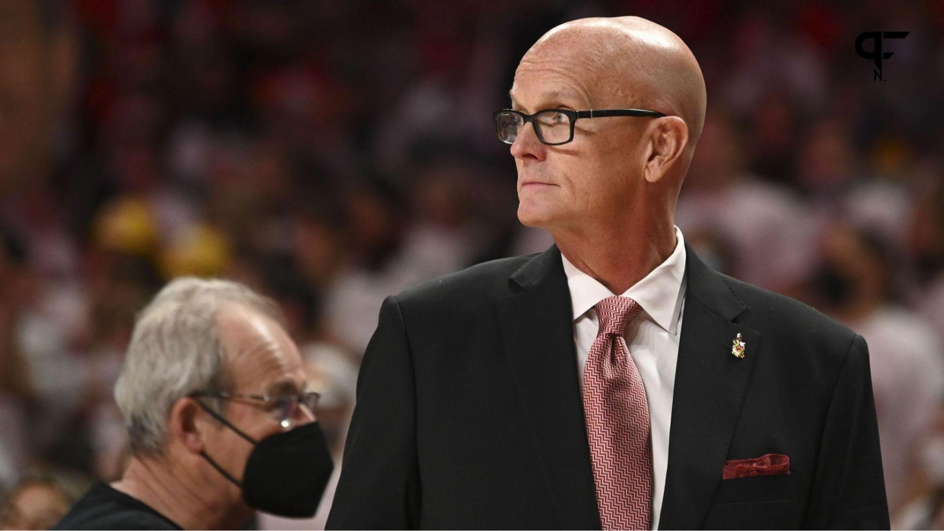 Sports broadcaster Scott Van Pelt stands court side during the game between the Maryland Terrapins and the Ohio State Buckeyes at Xfinity Center.