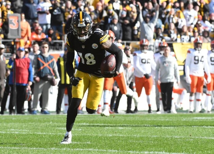 Diontae Johnson of the Pittsburgh Steelers lines up during the