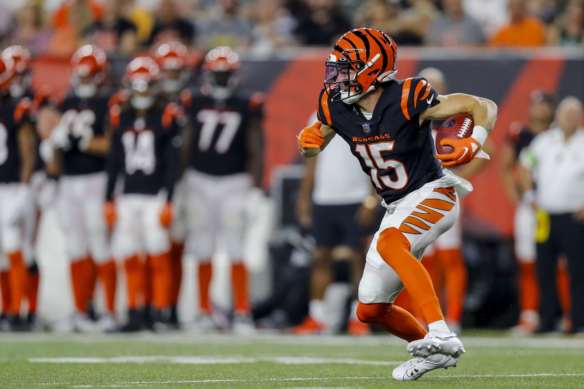 Cincinnati Bengals cornerback DJ Ivey (38) lines up during the first half  of an NFL preseason football game against the Atlanta Falcons, Friday, Aug.  18, 2023, in Atlanta. The Cincinnati Bengals and