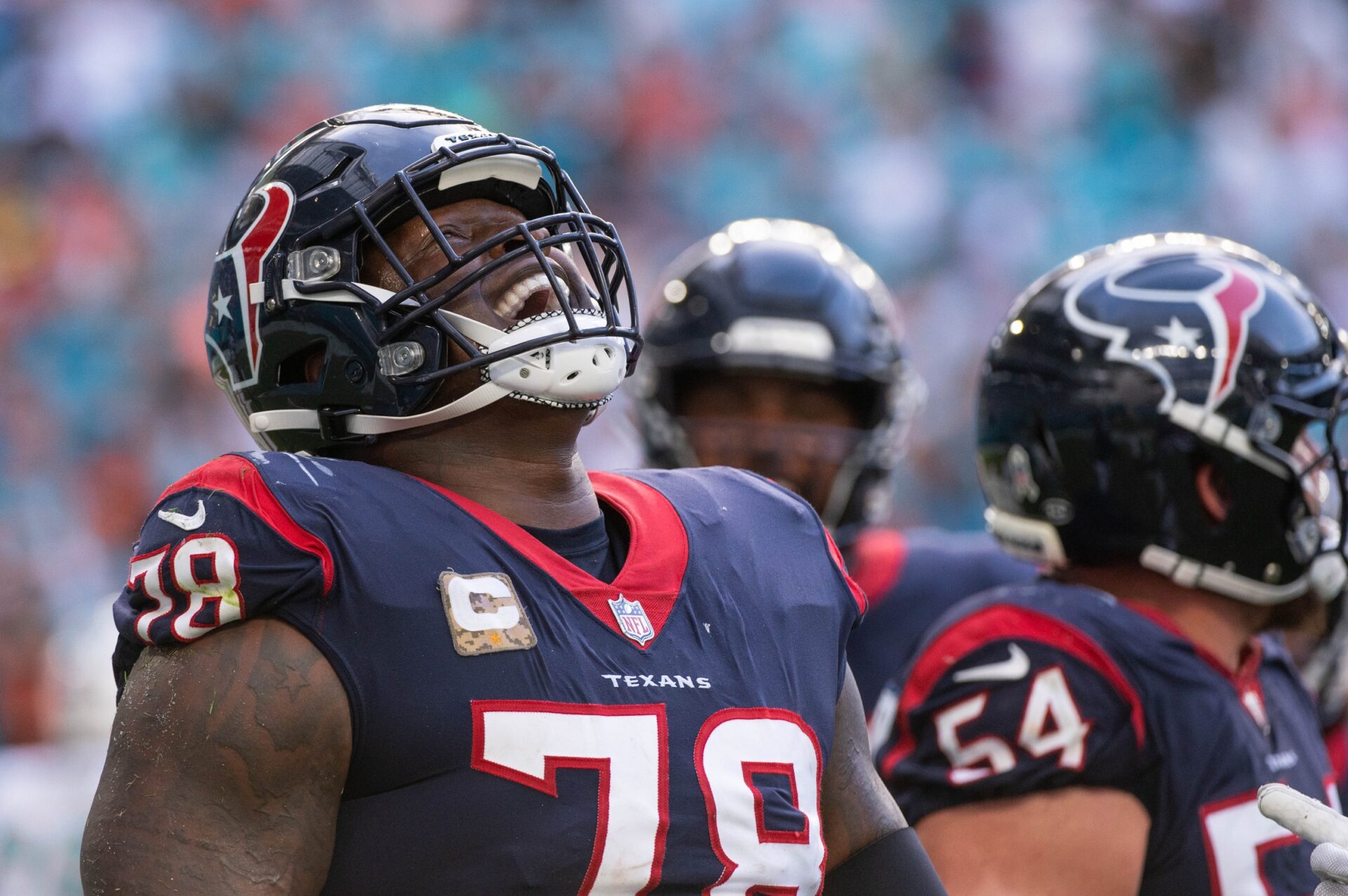 Laremy Tunsil (78) yells after the Texans failed to score on a two-point conversion attempt in the second half of the game between host Miami Dolphins and the Houston Texans.