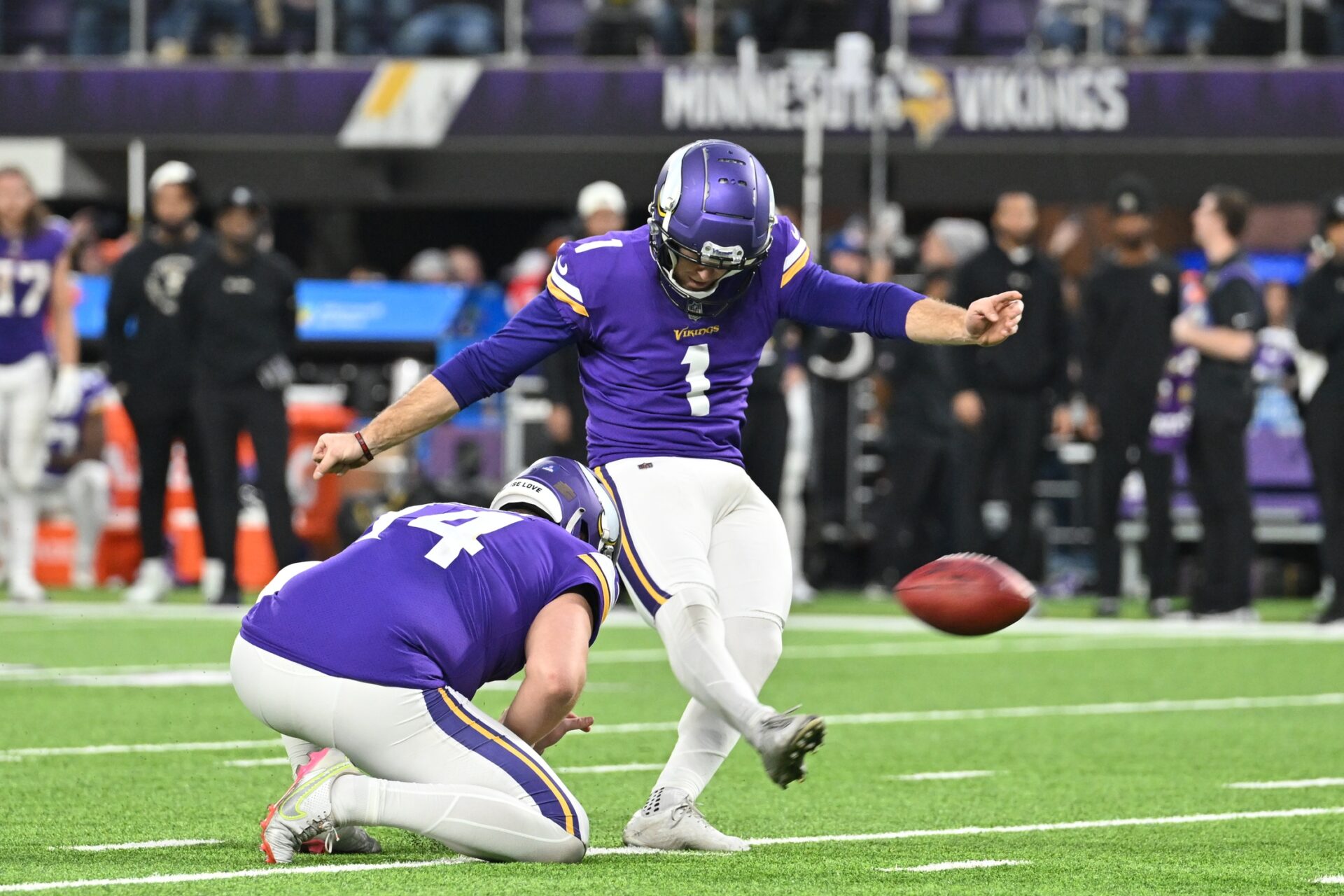 Minnesota Vikings kicker Greg Joseph (1) kicks the game-winning field goal against the Indianapolis Colts.