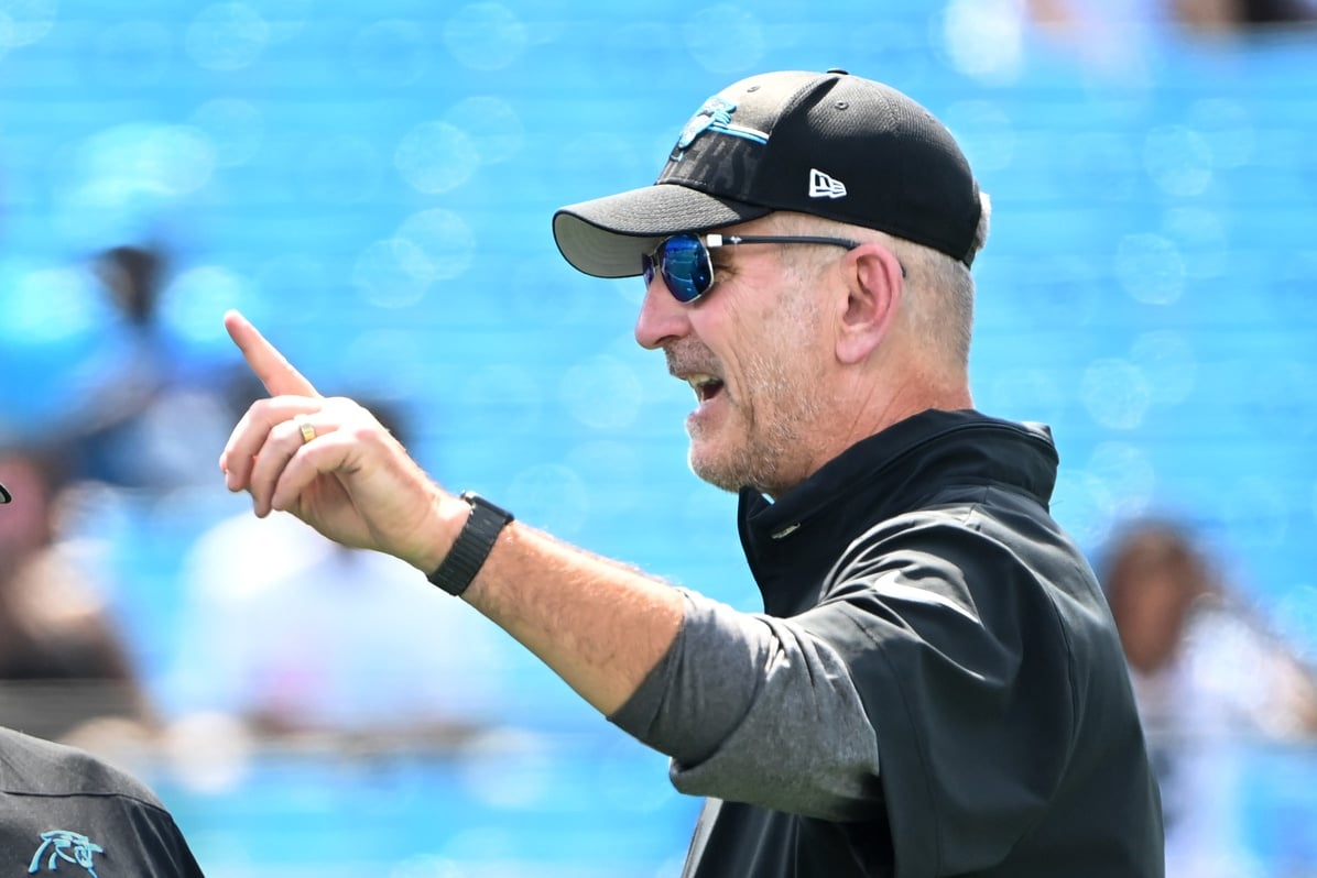 Head coach Frank Reich of the Carolina Panthers looks on during