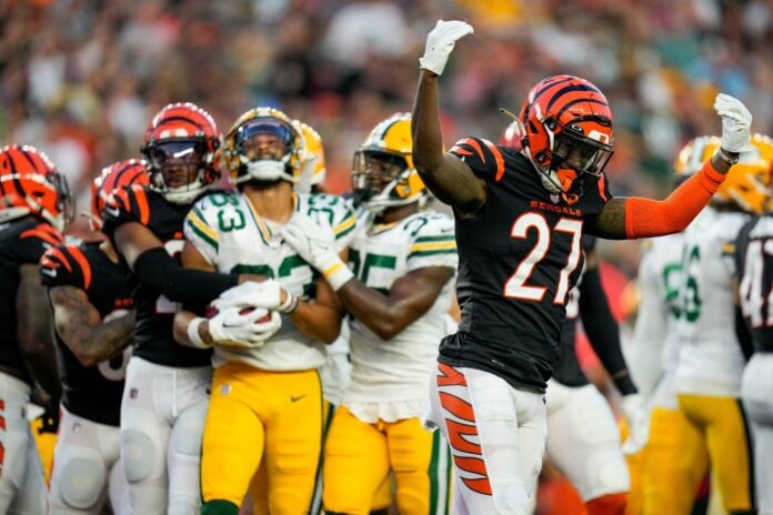 Cincinnati Bengals safety Jordan Battle (27) celebrates a stop on special teams in the second quarter of the NFL Preseason Week 1 game between the Cincinnati Bengals and the Green Bay Packers at Paycor Stadium in downtown Cincinnati on Friday, Aug. 11, 2023. The Packers led 21-16 at halftime.