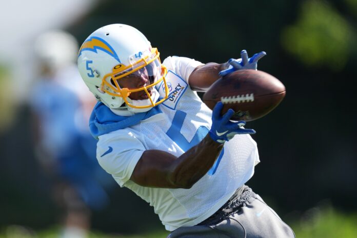 Wide receiver Joshua Palmer of the Los Angeles Chargers catches a