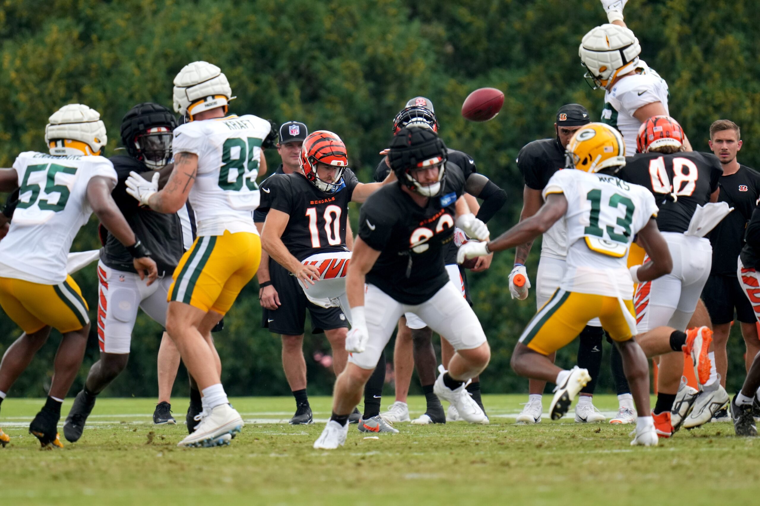 Cincinnati Bengals punter Brad Robbins (10) punts during a joint practice between the Green Bay Packers and the Cincinnati Bengals, Wednesday, Aug. 9, 2023, at the practice fields next to Paycor Stadium in Cincinnati.