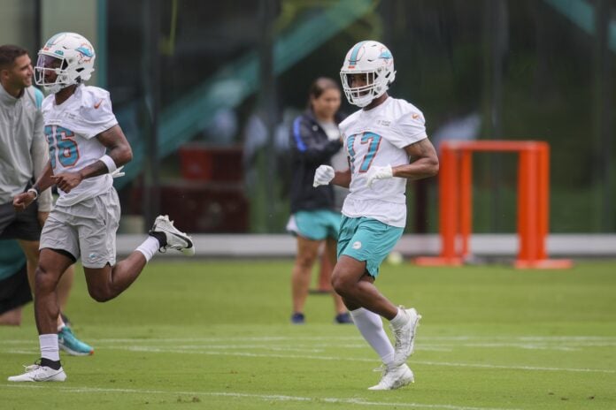 Miami Dolphins WR Jaylen Waddle (17) during drills at training camp.