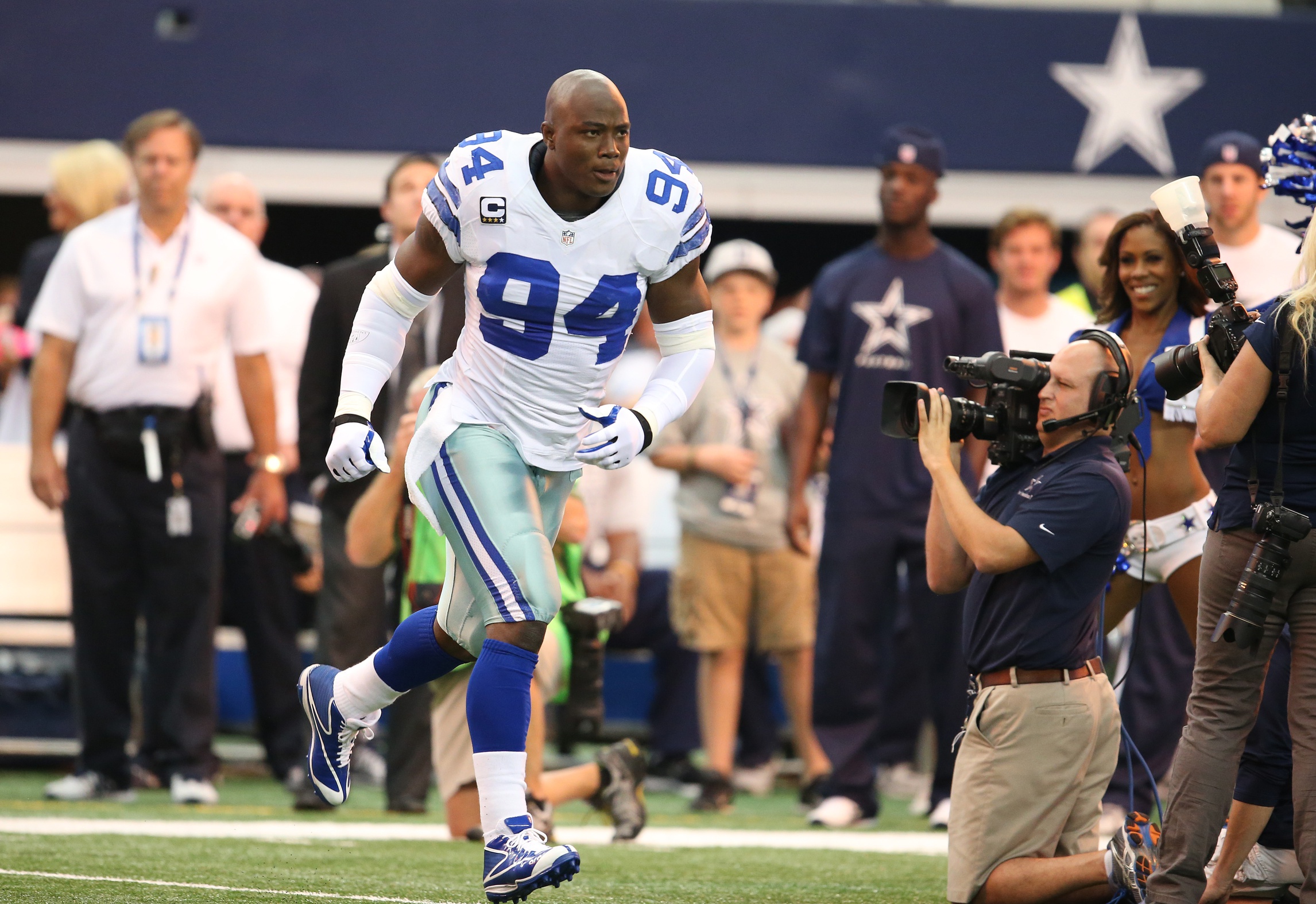 DeMarcus Ware (94)takes the field prior to the game against the St. Louis Rams at AT&T Stadium.