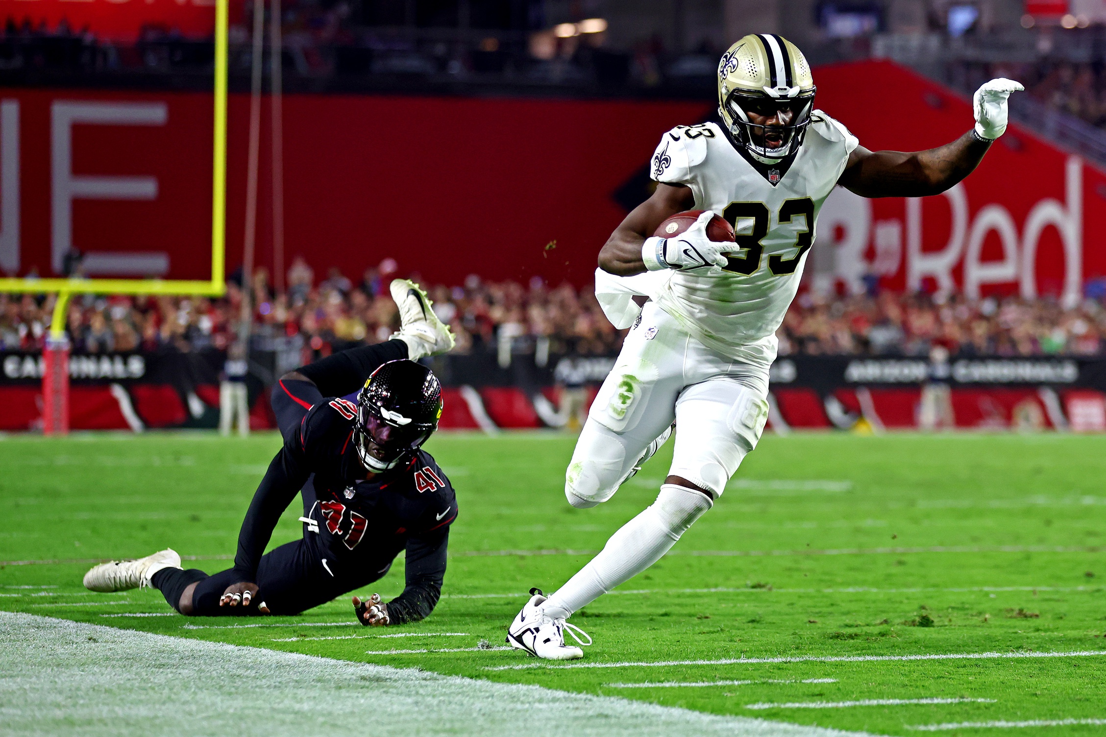 New Orleans Saints tight end Juwan Johnson (83) runs during an NFL