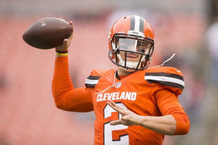 Johnny Manziel (2) warms up prior to the game against the San Francisco 49ers at FirstEnergy Stadium.