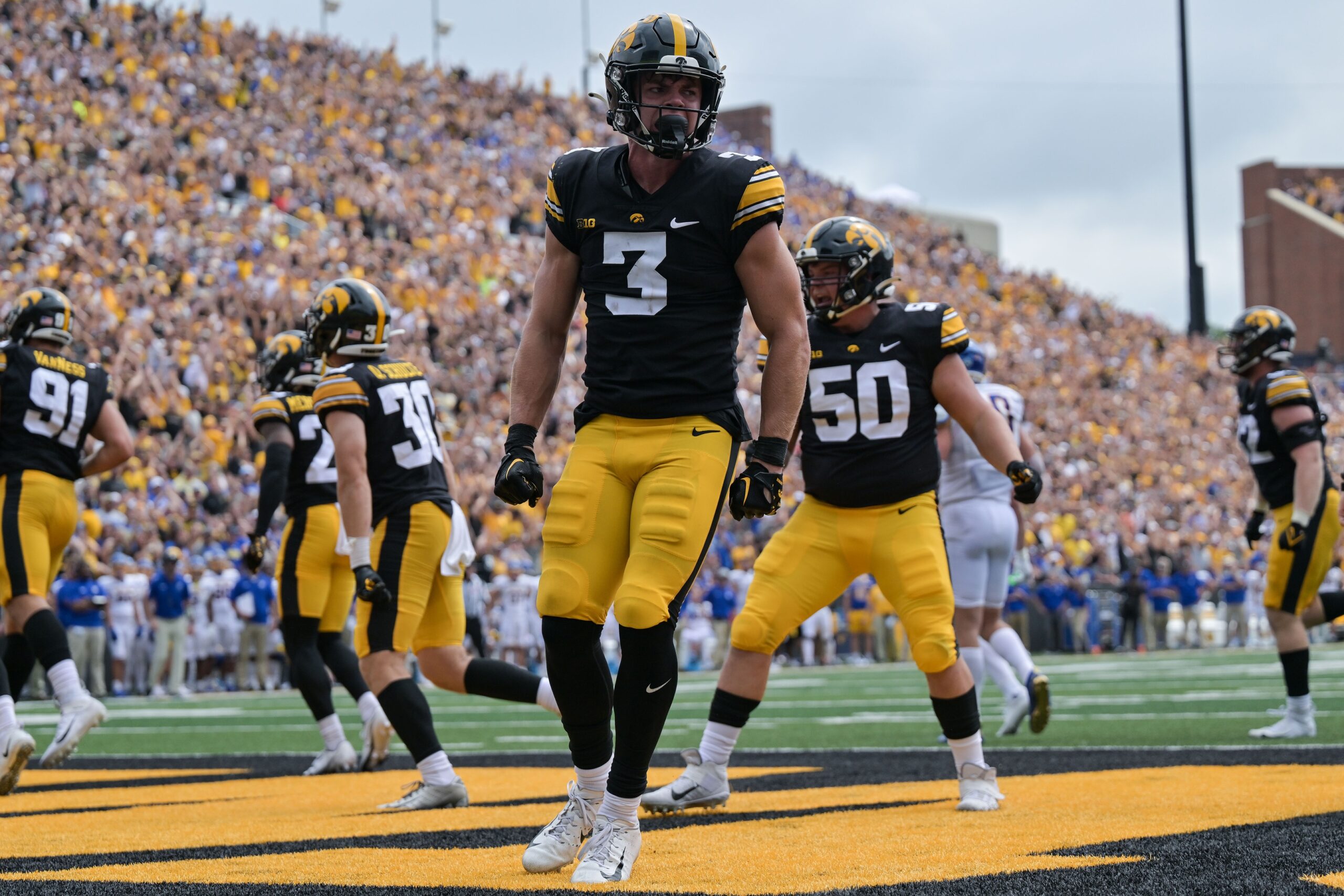 Cooper DeJean (3) reacts after the Hawkeyes score on a safety against the South Dakota State Jackrabbits during the third quarter at Kinnick Stadium.
