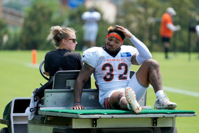 Cincinnati Bengals RB Trayveon Williams gets carted off after suffering an injury during training camp.