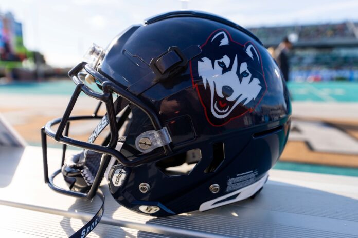 General view of a Connecticut Huskies helmet during the first half against the Marshall Thundering Herd at Brooks Stadium.