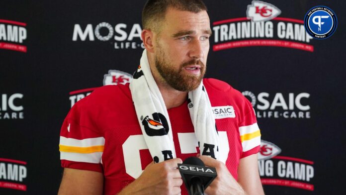 Kansas City Chiefs tight end Travis Kelce (87) answers questions from reporters during training camp at Missouri Western State University.