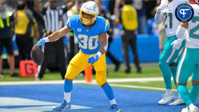 Los Angeles Chargers running back Austin Ekeler (30) celebrates after a touchdown in the first half against the Miami Dolphins at SoFi Stadium