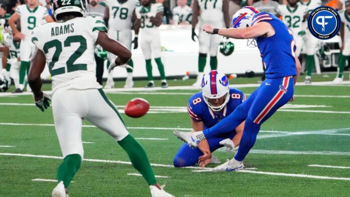 Buffalo Bills place kicker Tyler Bass (2) kicks a field goal during the fourth quarter against the New York Jets at MetLife Stadium.
