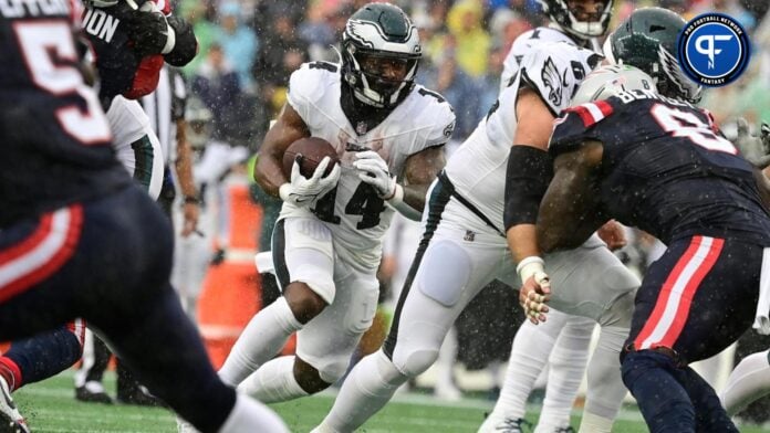 Philadelphia Eagles running back Kenneth Gainwell (14) runs the ball during the first half against the New England Patriots at Gillette Stadium.