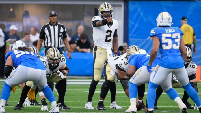 New Orleans Saints quarterback Jameis Winston (2) at the line of scrimmage during the first half against the Los Angeles Chargers at SoFi Stadium.