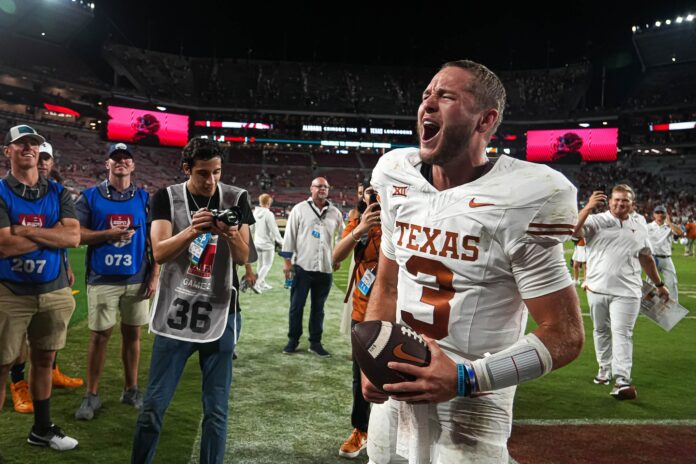 Texas QB Quinn Ewers celebrates after beating Alabama.