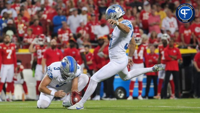 Detroit Lions place kicker Riley Patterson (36) attempts an extra point against Kansas City Chiefs during the first half at Arrowhead Stadium in Kansas City, Mo. on Thursday, Sept. 7, 2023.