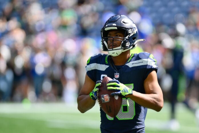 Tyler Lockett (16) prior to the game against the Los Angeles Rams at Lumen Field.