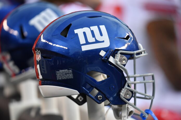 New York Giants helmet on the bench against the Philadelphia Eagles at Lincoln Financial Field.