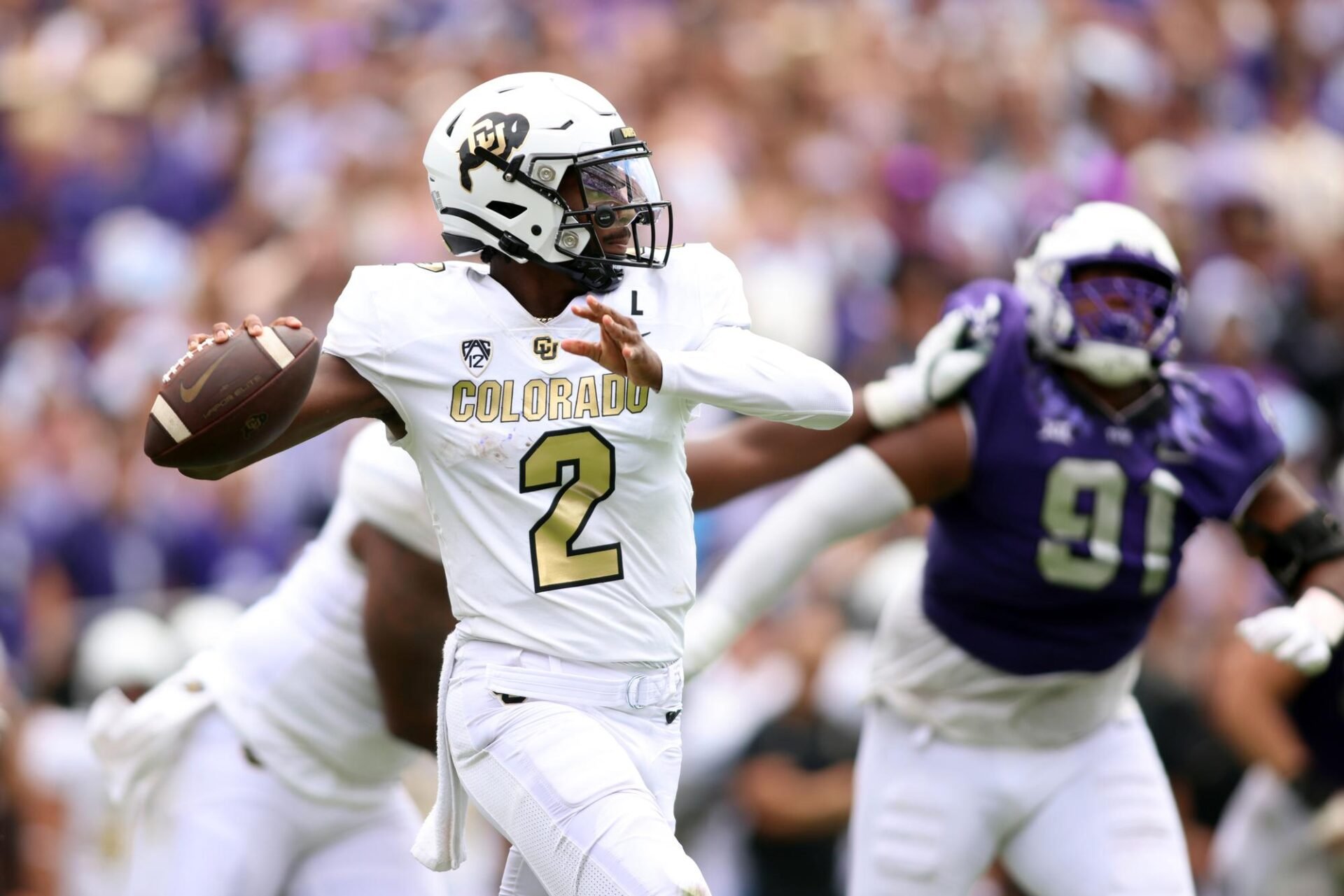 Sep 2, 2023; Fort Worth, Texas, USA; Colorado Buffaloes quarterback Shedeur Sanders (2) throws a pass in the second quarter against the TCU Horned Frogs at Amon G. Carter Stadium