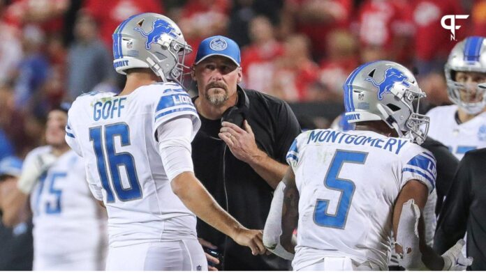 Lions quarterback Jared Goff talks to head coach Dan Campbell before a play against Chiefs during the second half of the Lions' 21-20 win on Thursday, Sept. 7, 2023, in Kansas City, Missouri.