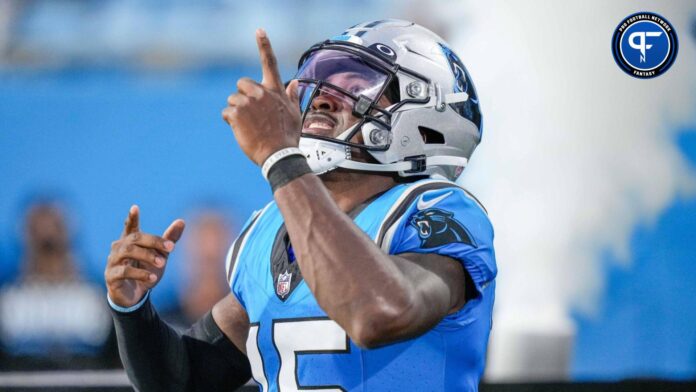 Carolina Panthers wide receiver Jonathan Mingo (15) before the game against the Detroit Lions at Bank of America Stadium.