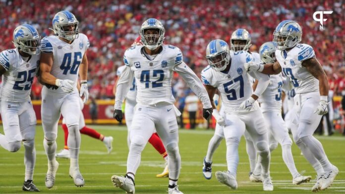 Detroit Lions linebacker Jalen Reeves-Maybin (42) celebrates a tackle against Kansas City Chiefs during the first half at Arrowhead Stadium.