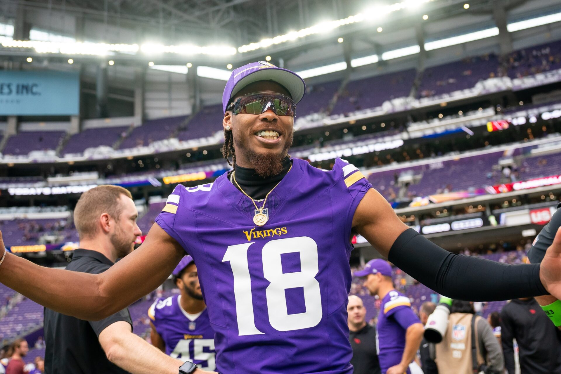 Justin Jefferson (18) reacts after a game against the Arizona Cardinals at U.S. Bank Stadium.