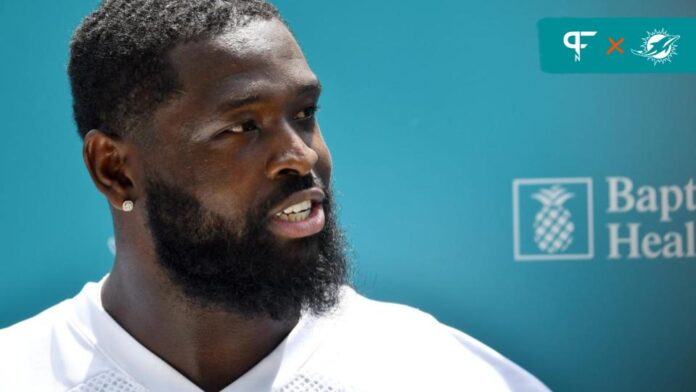 Miami Dolphins offensive tackle Terron Armstead (72) answers questions from the media during training camp at Baptist Health Training Complex, Wednesday, July 27, 2022 in Miami Gardens.
