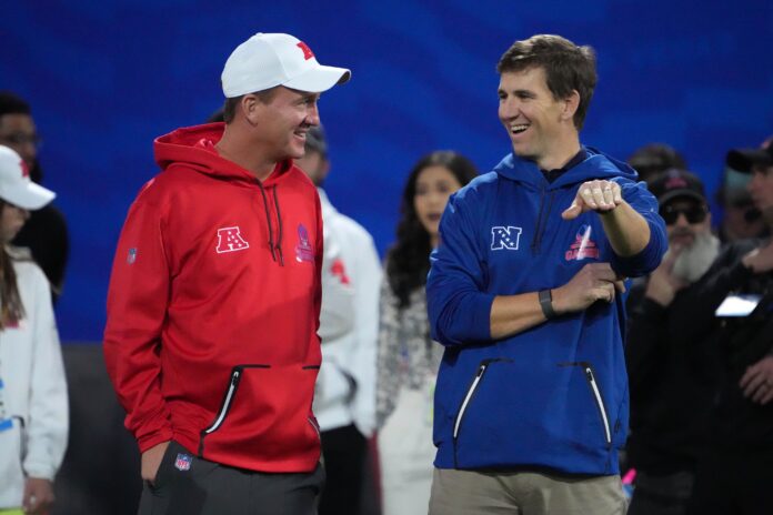 Peyton Manning (left) and Eli Manning react during the Pro Bowl Skills competition at the Intermountain Healthcare Performance Facility.