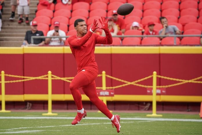 Baltimore Ravens wide receiver Jaylon Moore warms up prior to an