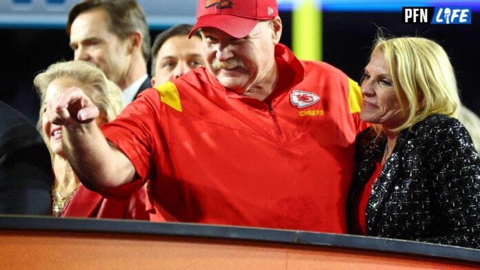 Kansas City Chiefs head coach Andy Reid and his wife Tammy Reid after winning Super Bowl LVII against the Philadelphia Eagles at State Farm Stadium.