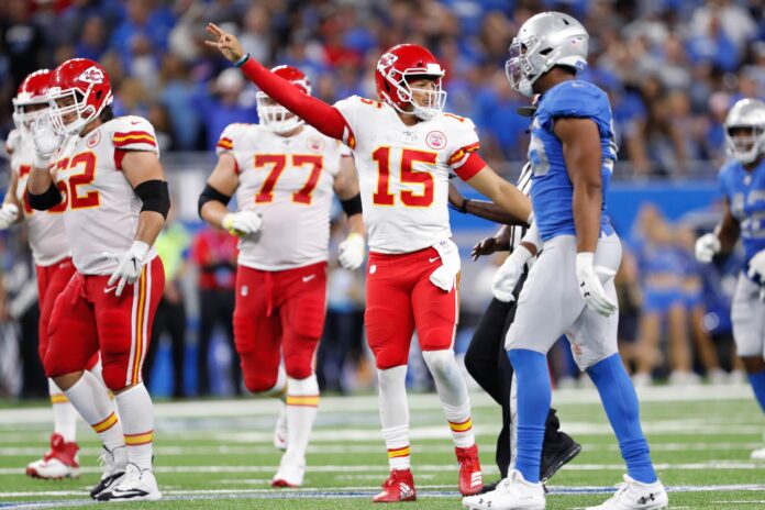 Kansas City Chiefs quarterback Patrick Mahomes (15) signals the next play during the fourth quarter against the Detroit Lions at Ford Field.