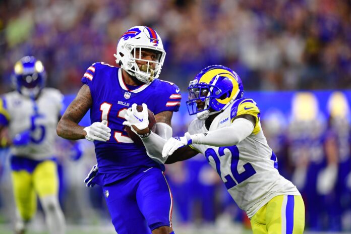 Buffalo Bills WR Gabe Davis (13) runs after the catch against the Los Angeles Rams.