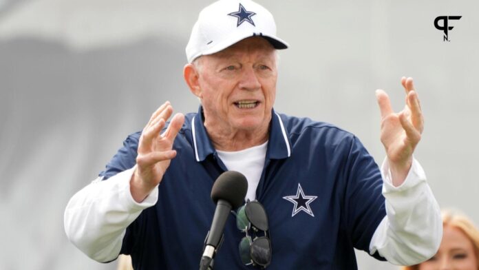 Dallas Cowboys owner Jerry Jones speaks during training camp opening ceremonies at the River Ridge Fields.