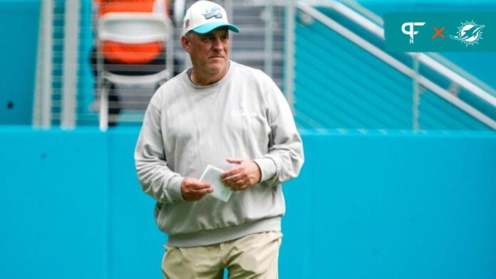 Miami Dolphins defensive coordinator Vic Fangio on the sidelines before a game.