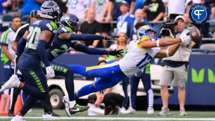 Los Angeles Rams wide receiver Puka Nacua (17) dives and misses a pass during the second half against the Seattle Seahawks at Lumen Field.