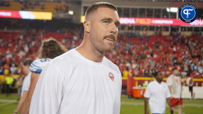 Kansas City Chiefs tight end Travis Kelce (87) on field against the Detroit Lions after the game at GEHA Field at Arrowhead Stadium.