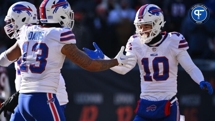 Buffalo receivers Gabe Davis and Khalil Shakir celebrate after successful two point conversion vs. the Bears.